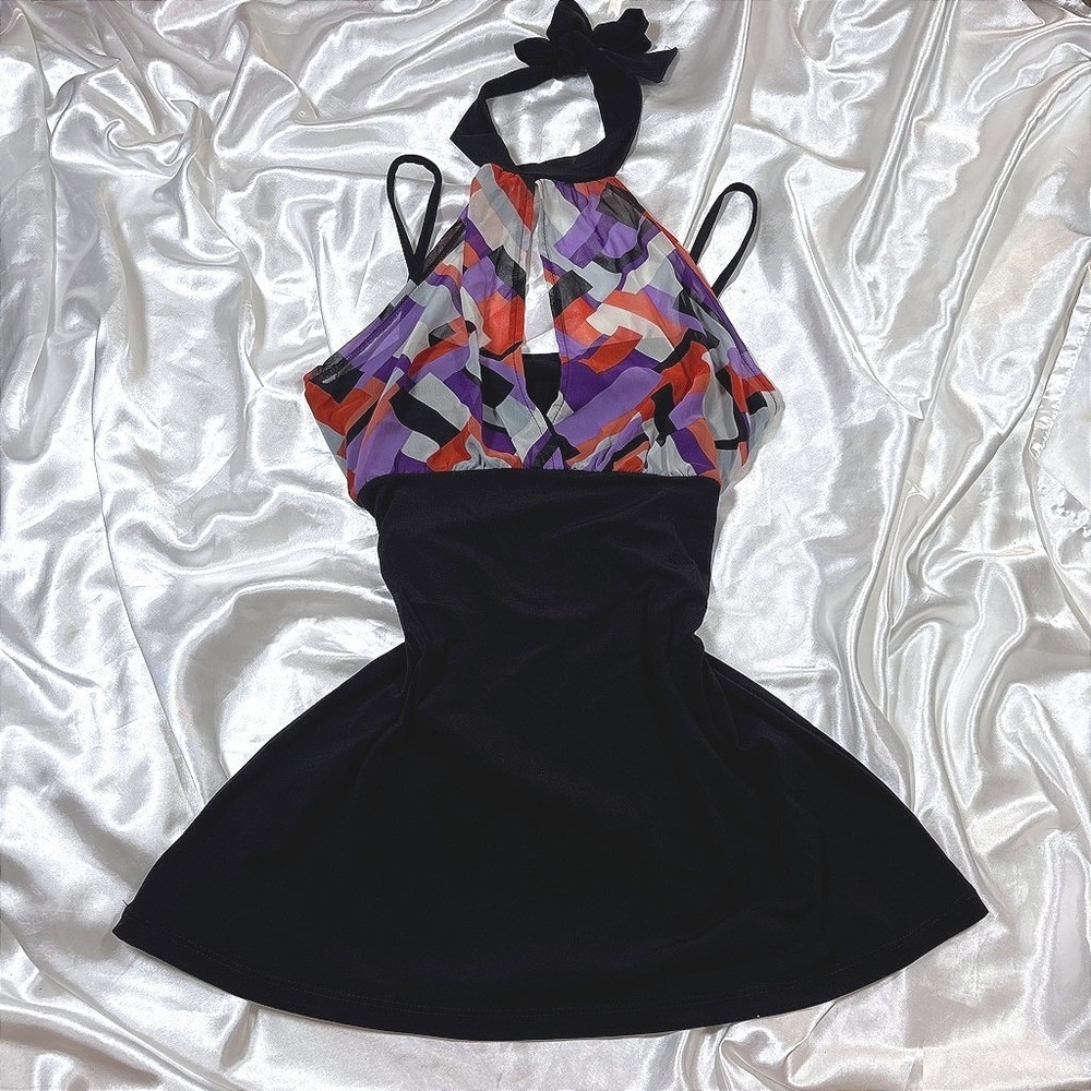 y2k blouse Black Excellent Geometric Abstract Halter Keyhole Skater Skirt